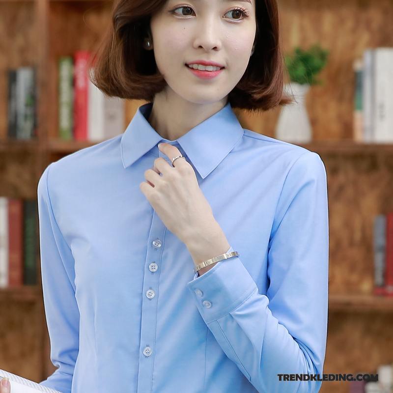 Blouse Dames Werk Student Lange Mouwen 2018 Blouse Overhemd Nieuw Blauw Wit