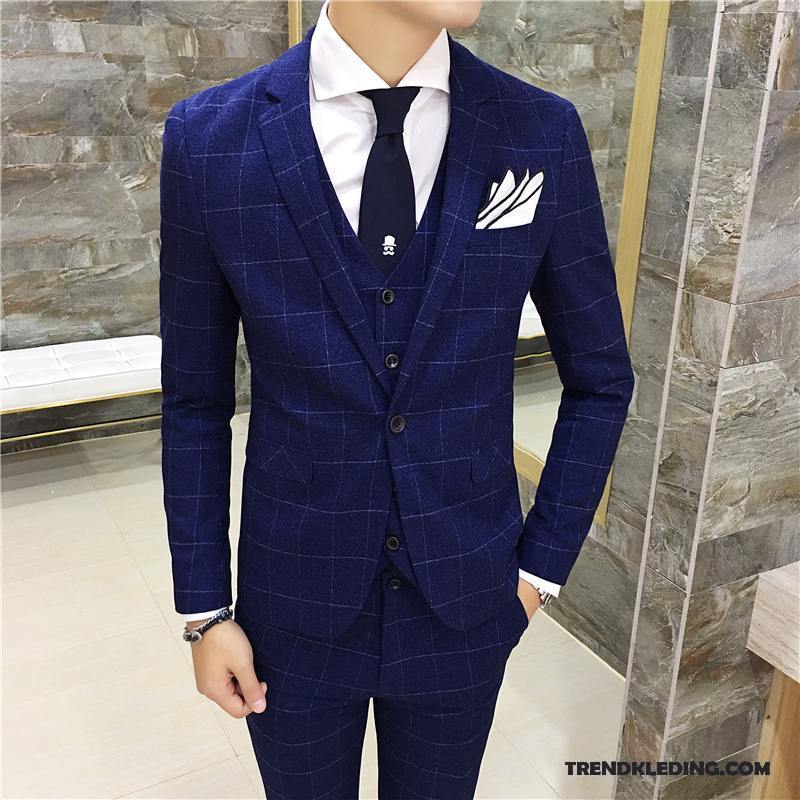 Kostuum Pak Heren Casual Trend Brits Blazer Bruiloft Mannelijk Blauw