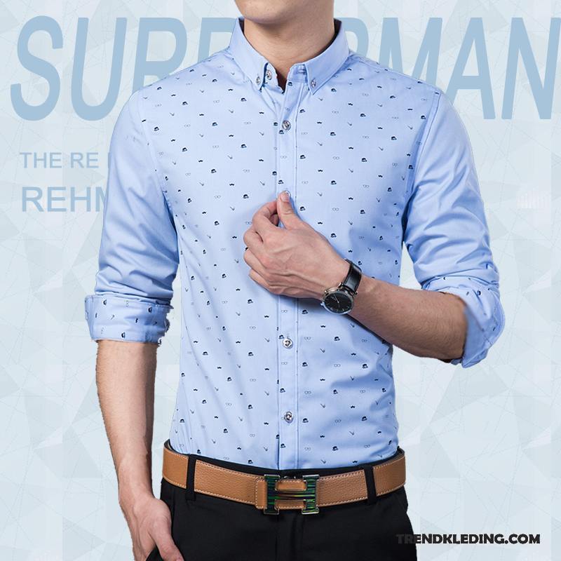 Overhemd Heren Casual Mannelijk Trend Bedrijf Voorjaar Slim Fit Blauw Wit