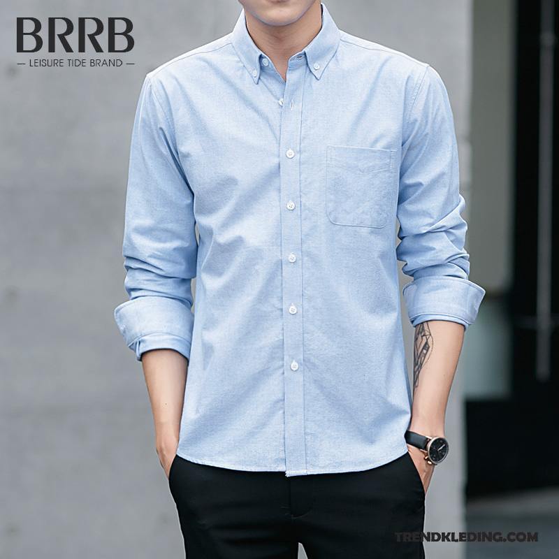 Overhemd Heren Lange Mouwen Casual Trend Mooi Voorjaar Jeugd Blauw Wit