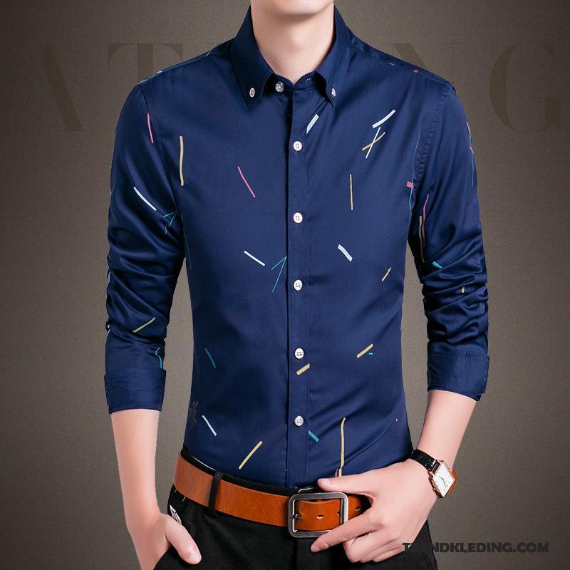 Overhemd Heren Slim Fit Bedrijf Trend Bedrukken Mannelijk Lange Mouwen Blauw Wit