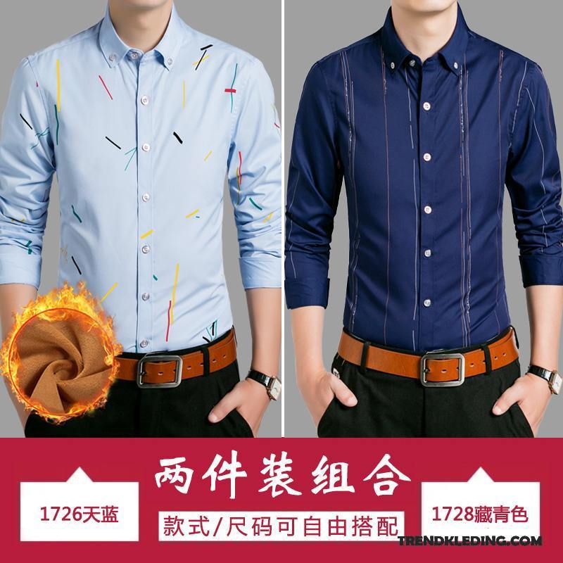 Overhemd Heren Slim Fit Bedrijf Trend Bedrukken Mannelijk Lange Mouwen Blauw Wit