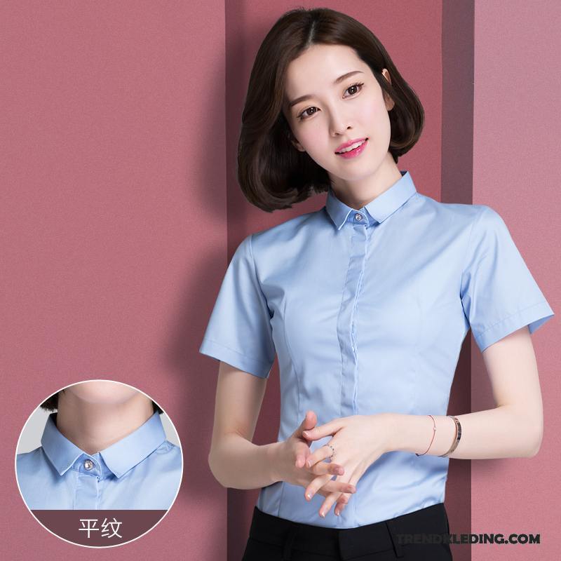 Overhemd Korte Mouw Dames Student Werk Mini Werkkleding Blouse Overhemd Zomer Marineblauw Wit