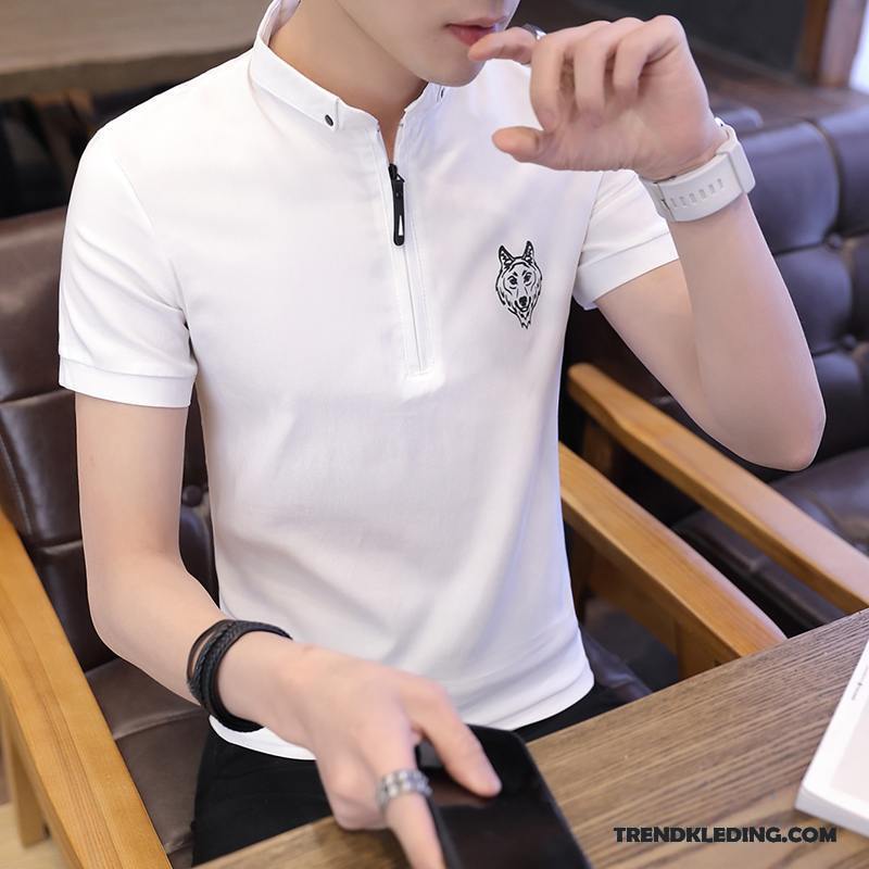 Overhemd Korte Mouw Heren Polo V Hals Student Onderhemd Halve Mouw T-shirts Wit