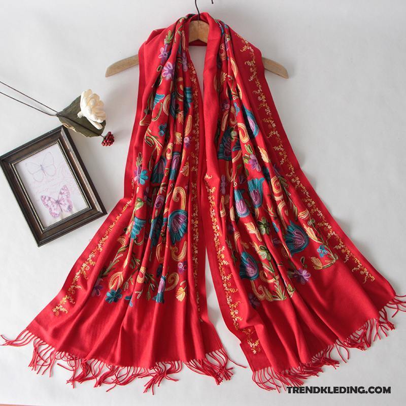 Sjaal Dames Verdikken Herfst Winter Geborduurde Etnische Dual Gebruik Rood