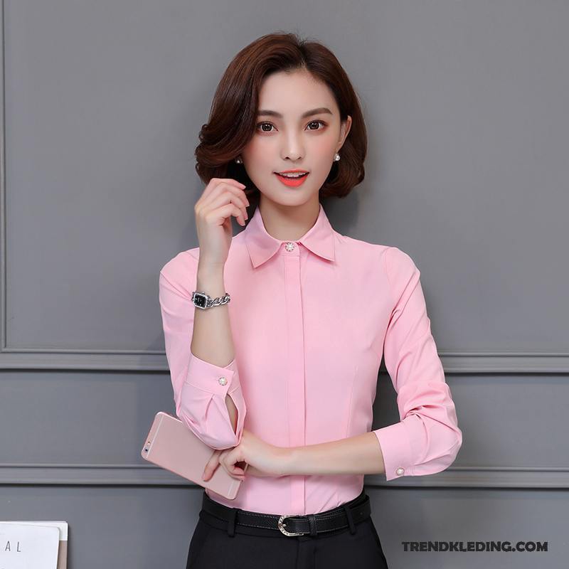 Blouse Dames Overhemd Nieuw Slim Fit Blouse Overhemd Onderhemd Werkkleding Roze Wit