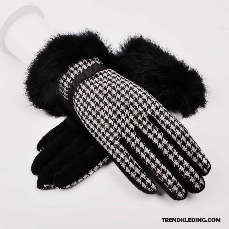 Handschoenen Dames Blijf Warm Herfst Doek Wol Konijnenbont Winter Zwart
