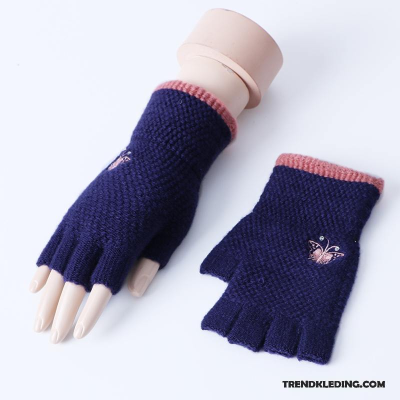 Handschoenen Dames Halve Vinger Student Blijf Warm Breien Herfst Winter Donkerblauw