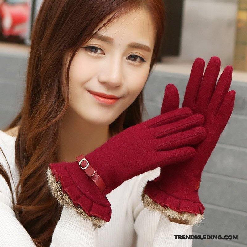 Handschoenen Dames Herfst Winter Konijnenbont Blijf Warm Wol Nieuw Rood