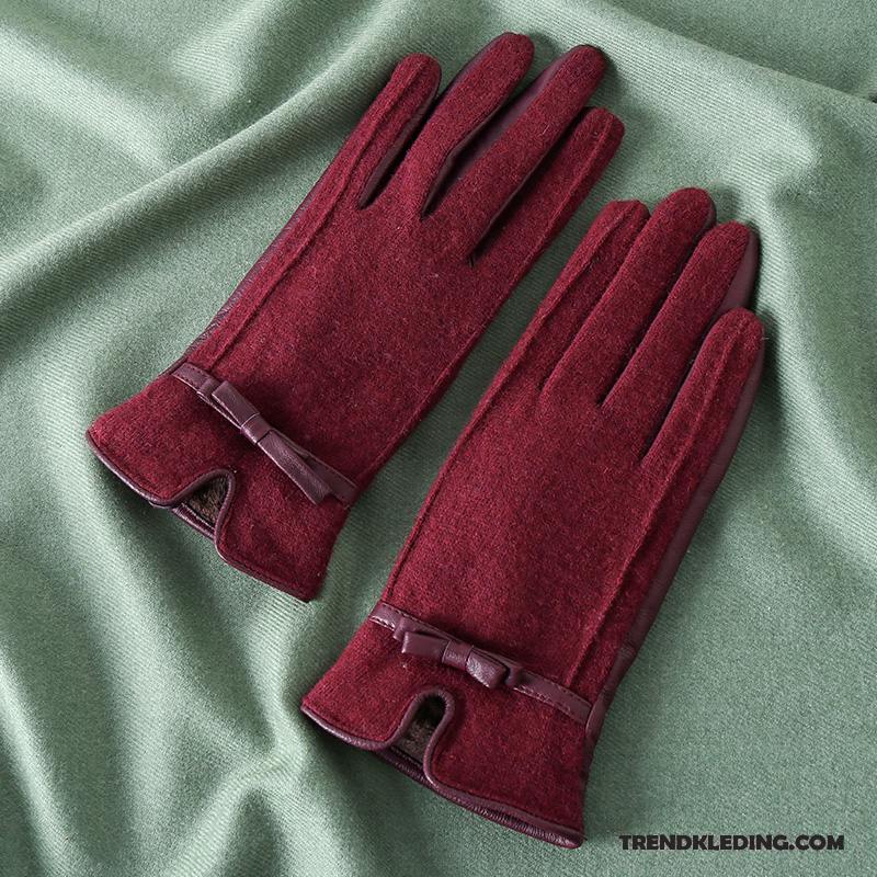 Handschoenen Dames Winter Schapenleer Breien Verdikken Antislip Blijf Warm Rood