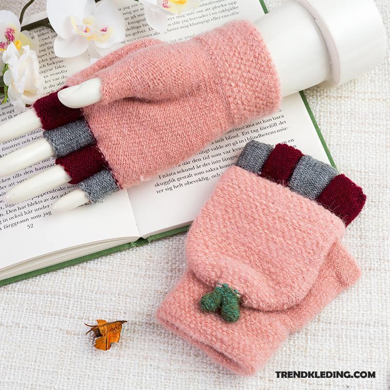 Handschoenen Dames Winter Student Wollen Schattig Dual Gebruik Halve Vinger Roze