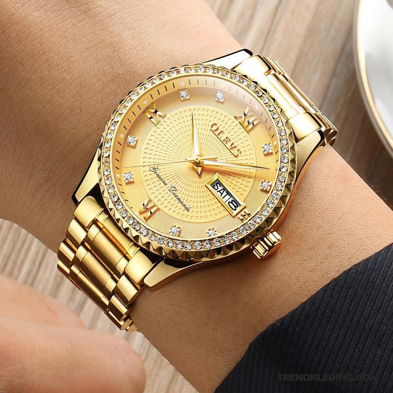 Horloge Heren Dubbele Kalender Mode Echte Horlogeband Roestvrij Staal Waterdicht Gouden