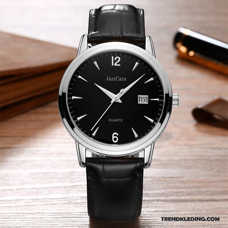 Horloge Heren Echte Echt Leer Casual Trend Mode Waterdicht Zilver Zwart
