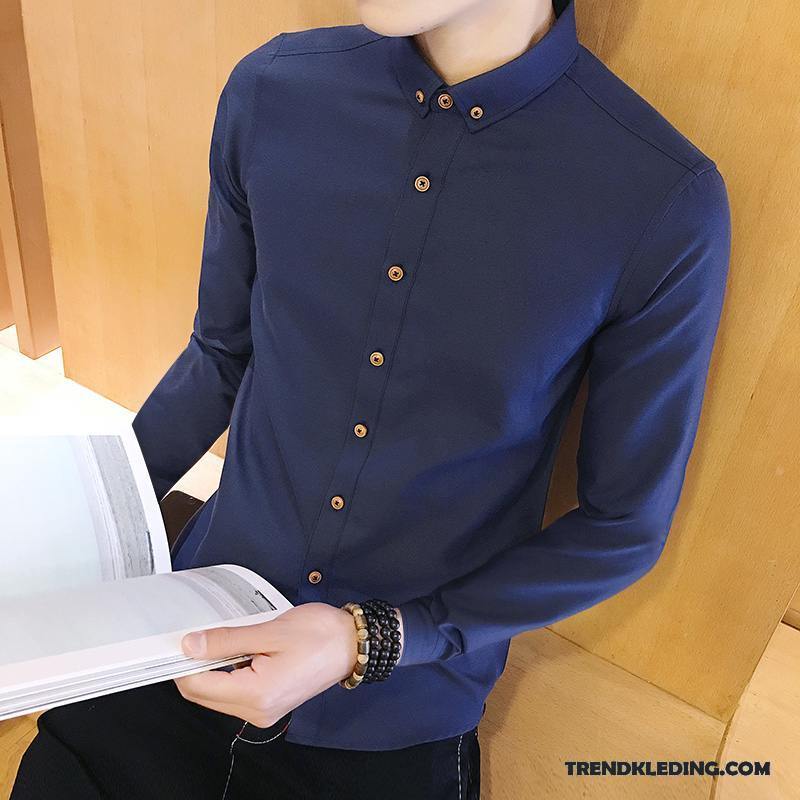 Overhemd Heren Casual Slim Fit Werkkleding Trend Herfst Mannelijk Zuiver Wit Blauw