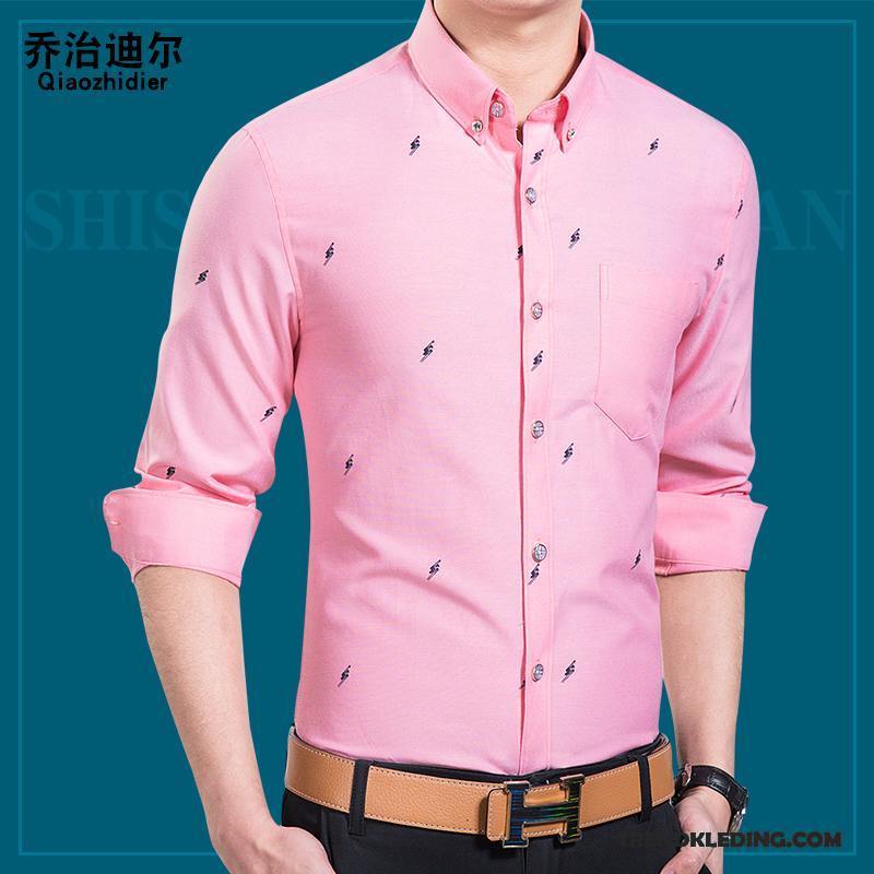 Overhemd Heren Casual Voorjaar Bedrijf Trend Lange Mouwen Mannelijk Roze Wit