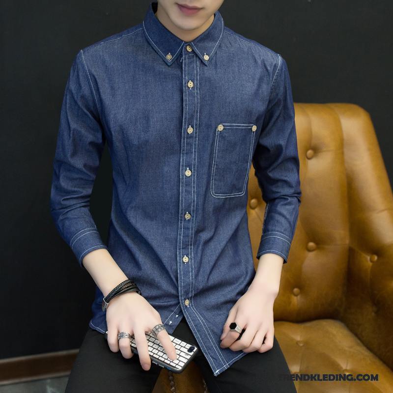 Overhemd Heren Trend Nieuw 2018 Student Jeugd Slim Fit Blauw