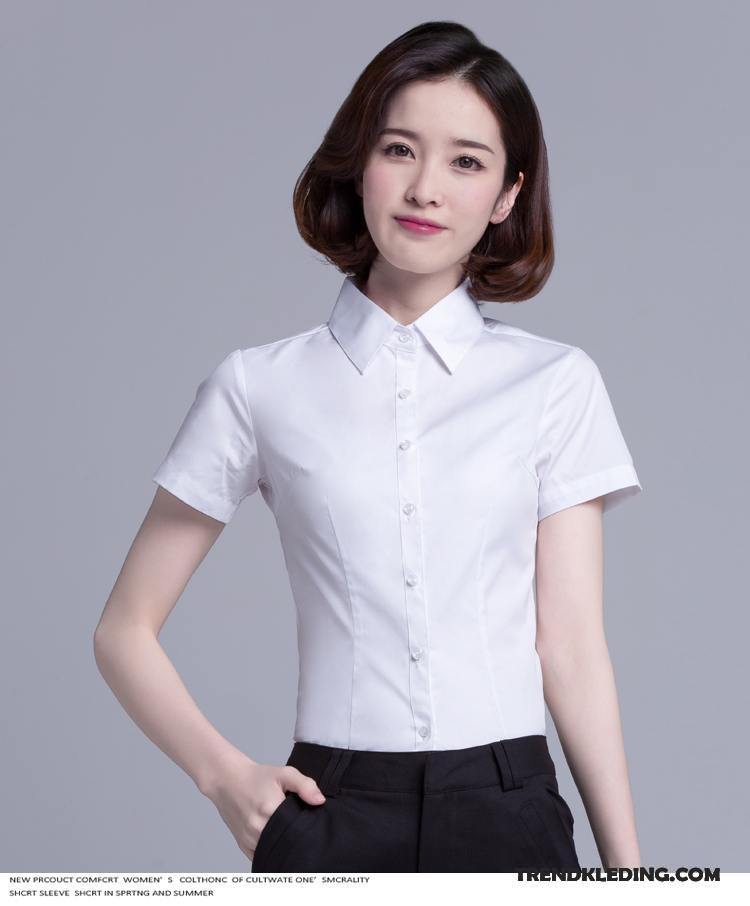 Overhemd Korte Mouw Dames Werkkleding Katoen Blouse Overhemd Geklede Nieuw Zomer Wit