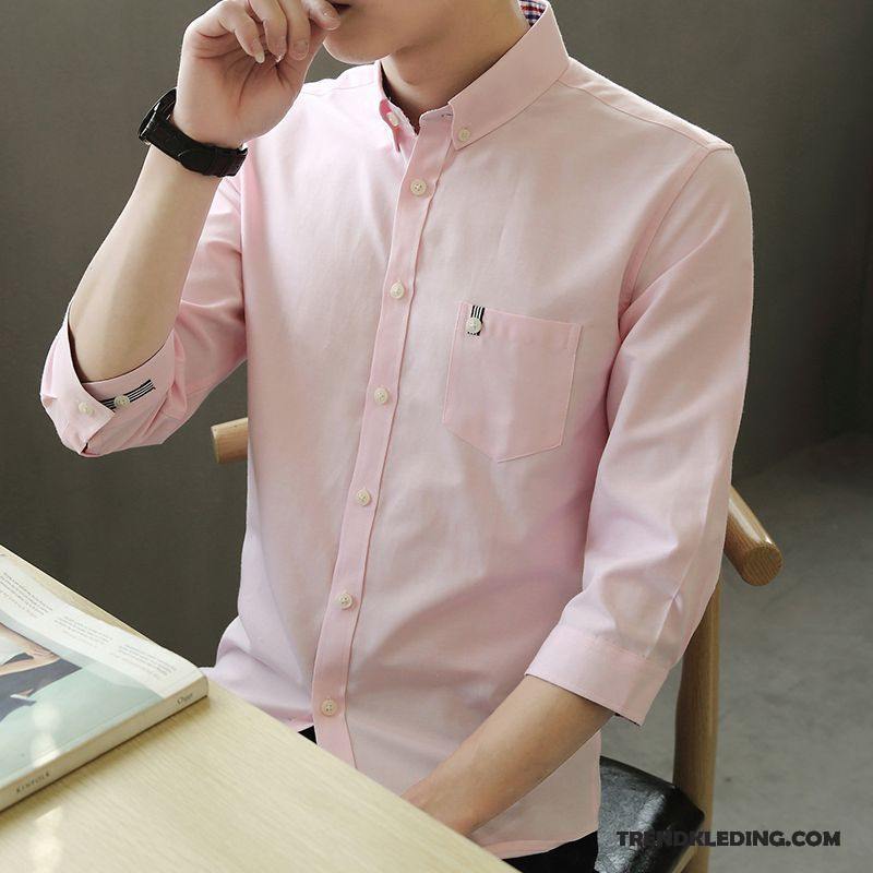 Overhemd Korte Mouw Heren Mannelijk Casual Zomer Trend Halve Mouw Slim Fit Roze