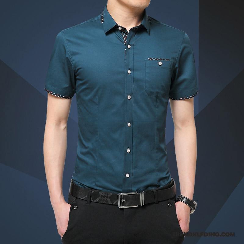 Overhemd Korte Mouw Heren Overhemd Kort Mouw Slim Fit Jasje Mode Trend Mannelijk Blauw