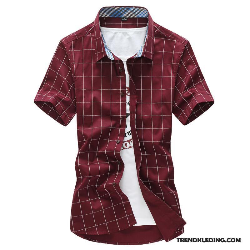 Overhemd Korte Mouw Heren Persoonlijk Geruit Overhemd Kort Mouw Mode Mannelijk Casual Rode Wijn