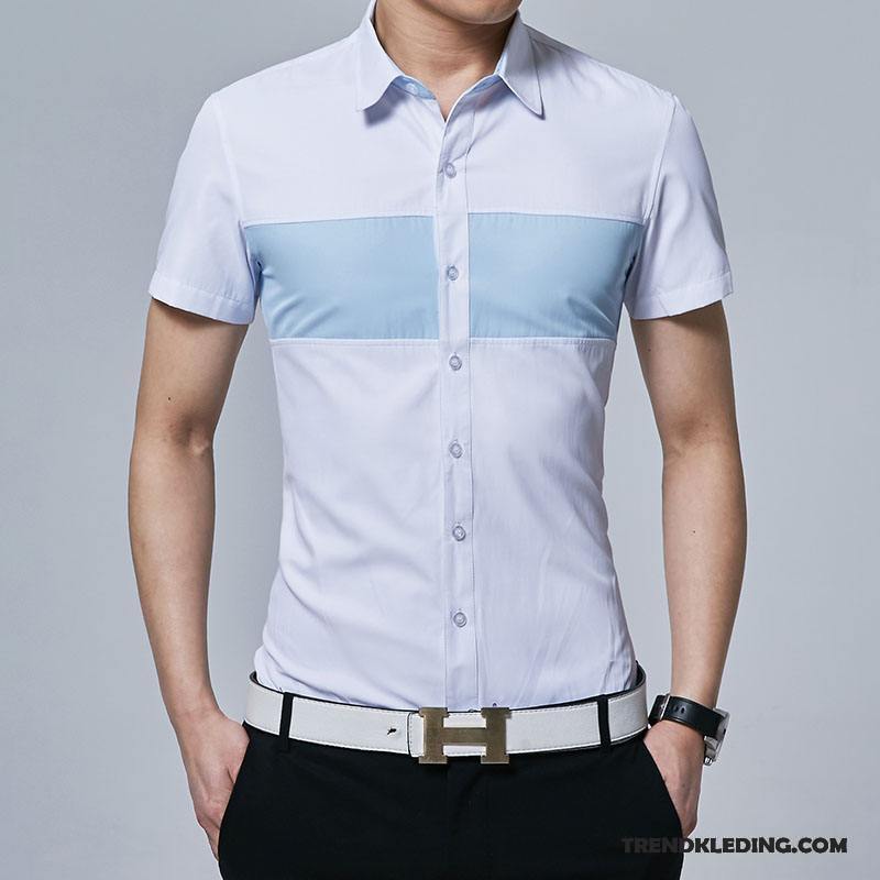 Overhemd Korte Mouw Heren Slim Fit Revers Mannelijk Bedrijf Casual Jasje