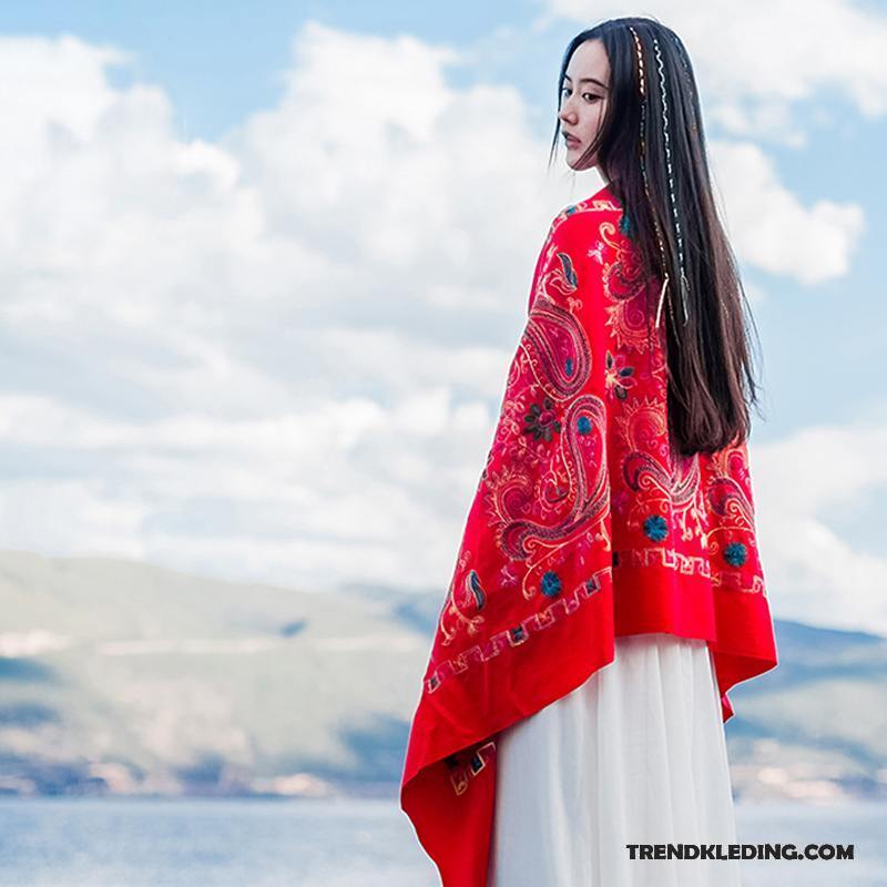 Sjaal Dames Verdikken Herfst Winter Geborduurde Etnische Dual Gebruik Rood