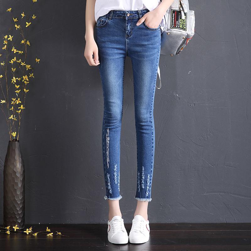 Spijkerbroek Dames Voorjaar Elastiek Trend Spijkerbroek Jeans 2018 Gaten Blauw