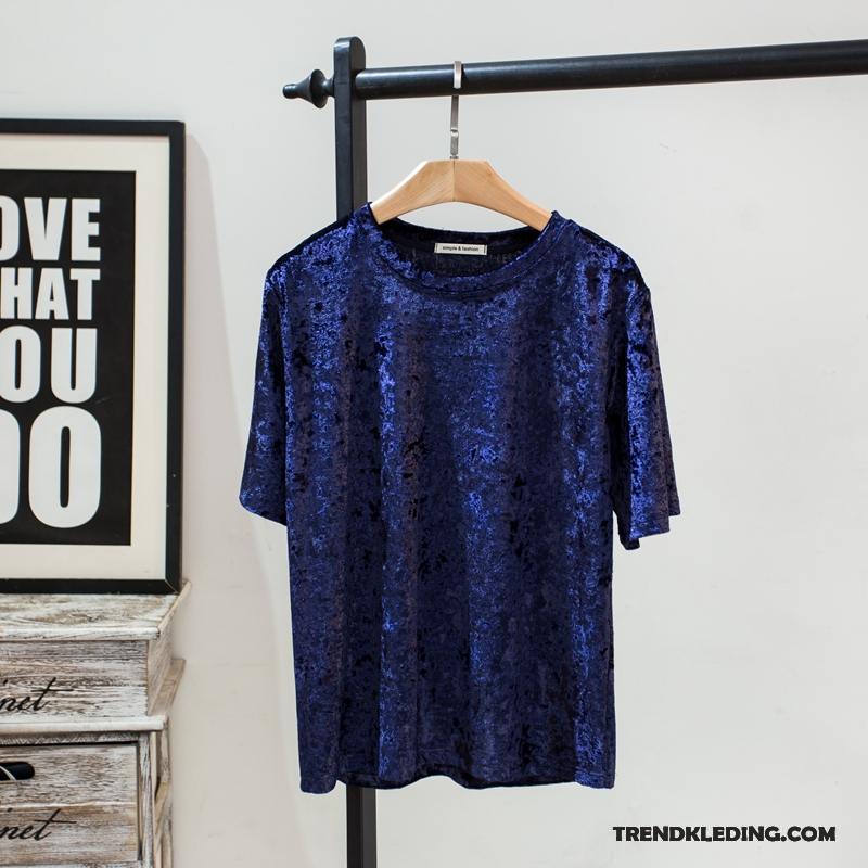 T-shirt Dames Trend Losse Eenvoudige Dunne Voorjaar Onderhemd Donkerblauw Effen Kleur Goud