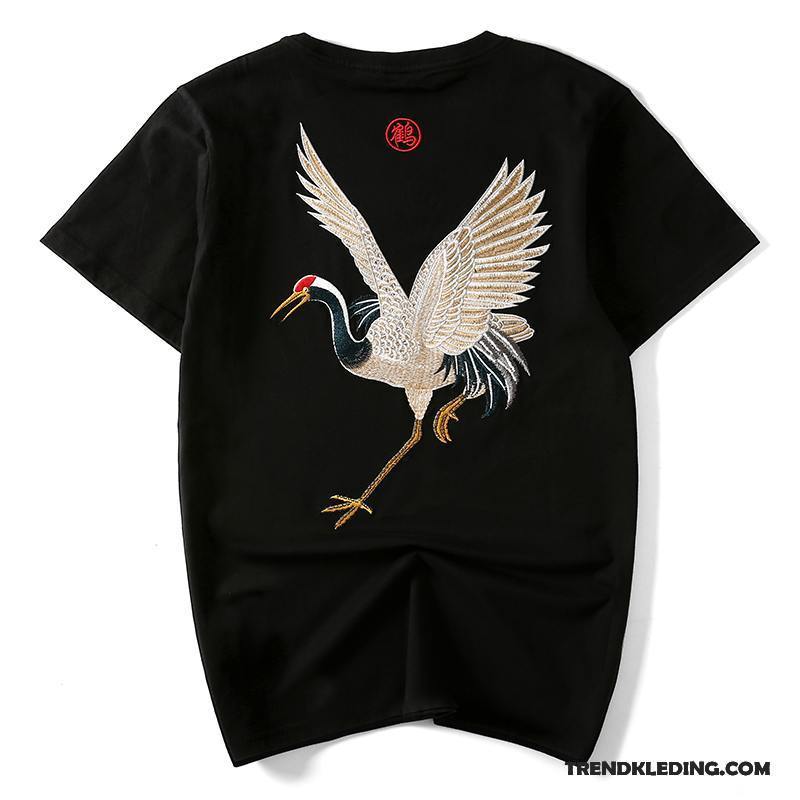 T-shirt Heren Borduurwerk Kraanvogel Katoen Nieuw Chinese Stijl Natie Zwart