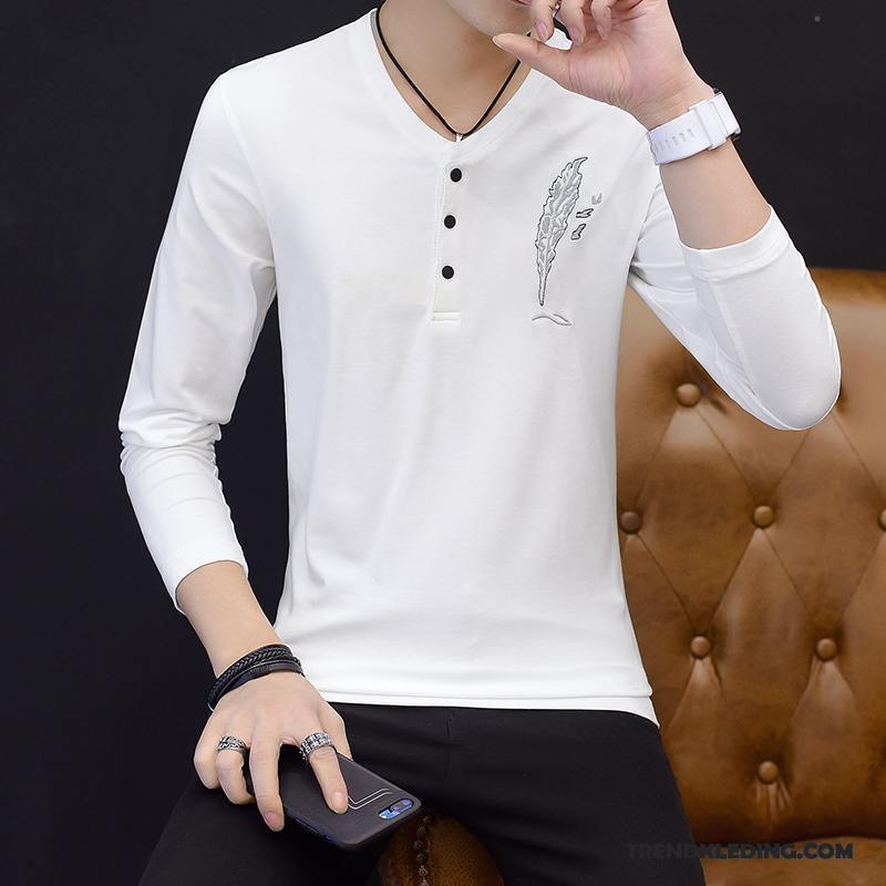T-shirt Lange Mouw Heren Skinny Trend Nieuw Mannelijk Jasje Persoonlijk Wit