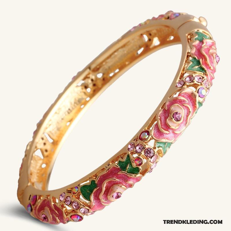 Armband Dames Kristal Verjaardagscadeau Bloemen Armbanden Accessoires Etnische Roze Blauw Wit Gouden