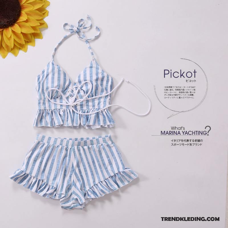 Bikini Dames Denim Student Zwempak Vlakke Hoek Streep Mini Blauw