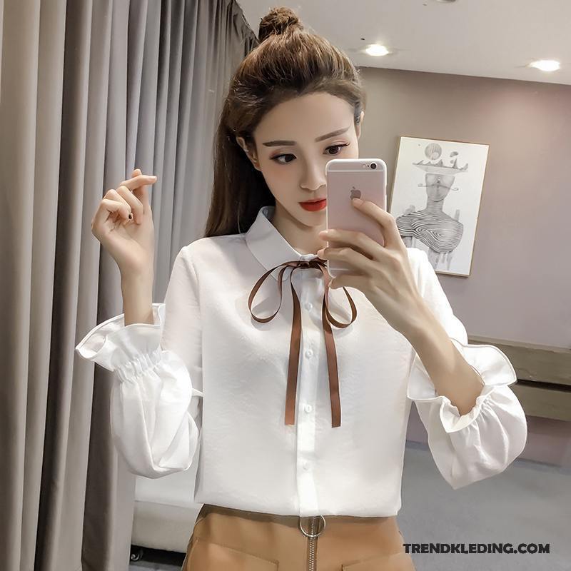 Blouse Dames Casual Losse Chiffon Lange Mouwen Blouse Overhemd Nieuw Roze Rood Effen Kleur