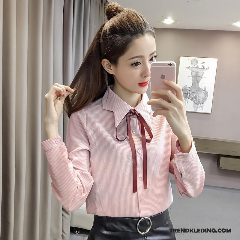 Blouse Dames Casual Losse Chiffon Lange Mouwen Blouse Overhemd Nieuw Roze Rood Effen Kleur