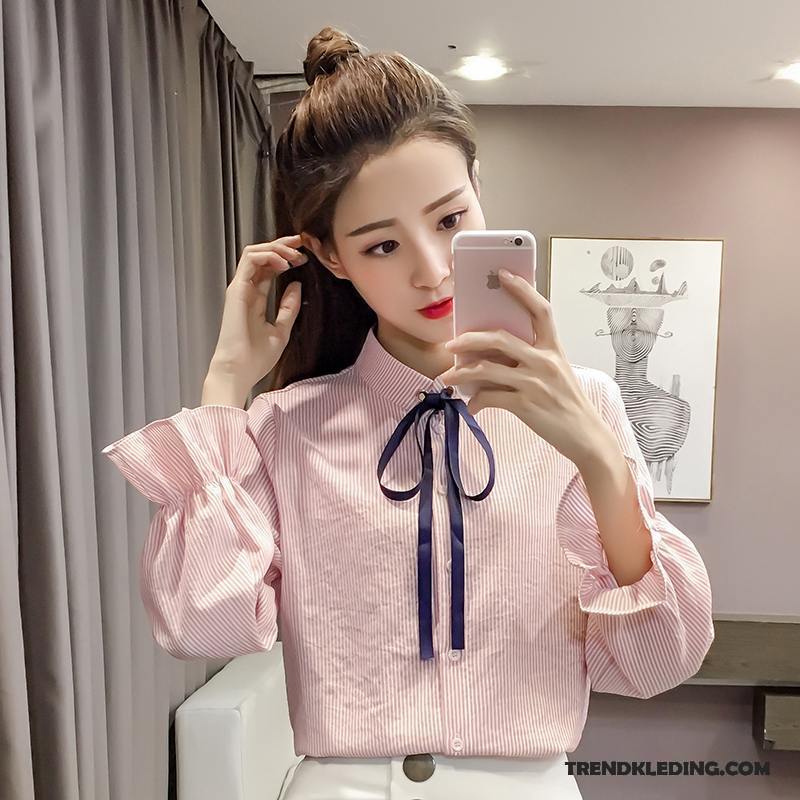 Blouse Dames Casual Losse Chiffon Lange Mouwen Blouse Overhemd Nieuw Roze Rood Effen Kleur