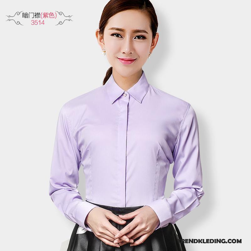 Blouse Dames Casual Onderhemd Werkkleding Lange Mouwen Vrouw Slim Fit Paars Wit