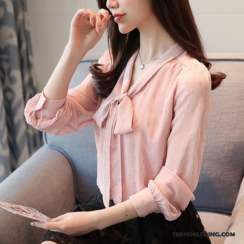 Blouse Dames Chiffon Lange Mouwen Nieuw Kant Losse Blouse Overhemd Roze