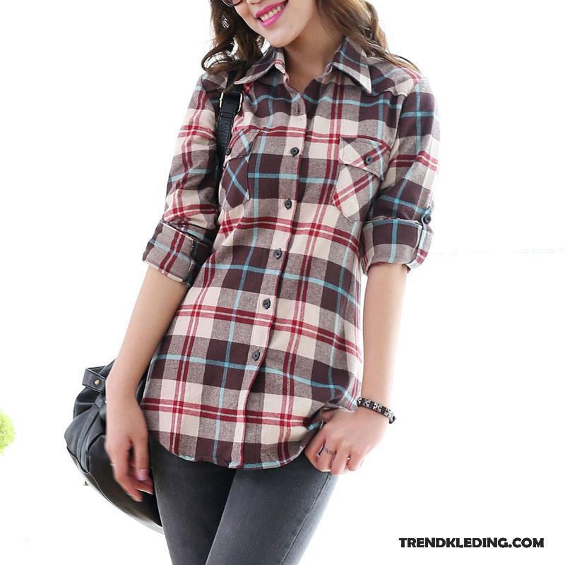 Blouse Dames Lang Casual Katoen Voorjaar Jas Losse Rood Zwart