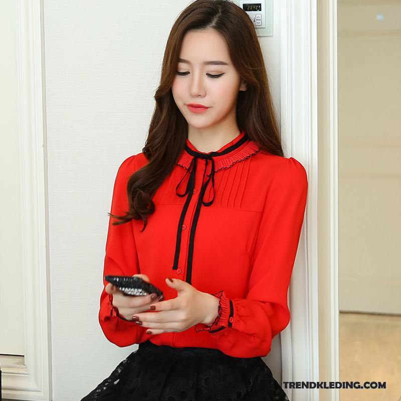 Blouse Dames Lange Mouwen Super Mini 2018 Chiffon Nieuw Rood