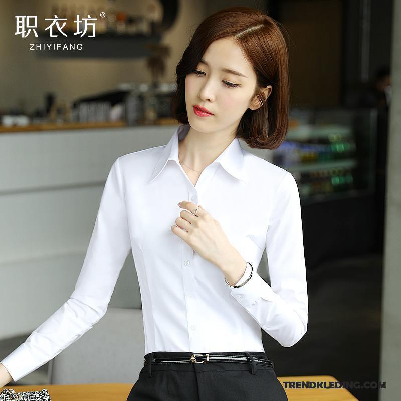 Blouse Dames Overhemd Slim Fit Geklede Werk Werkkleding Jasje Lichtblauw Wit