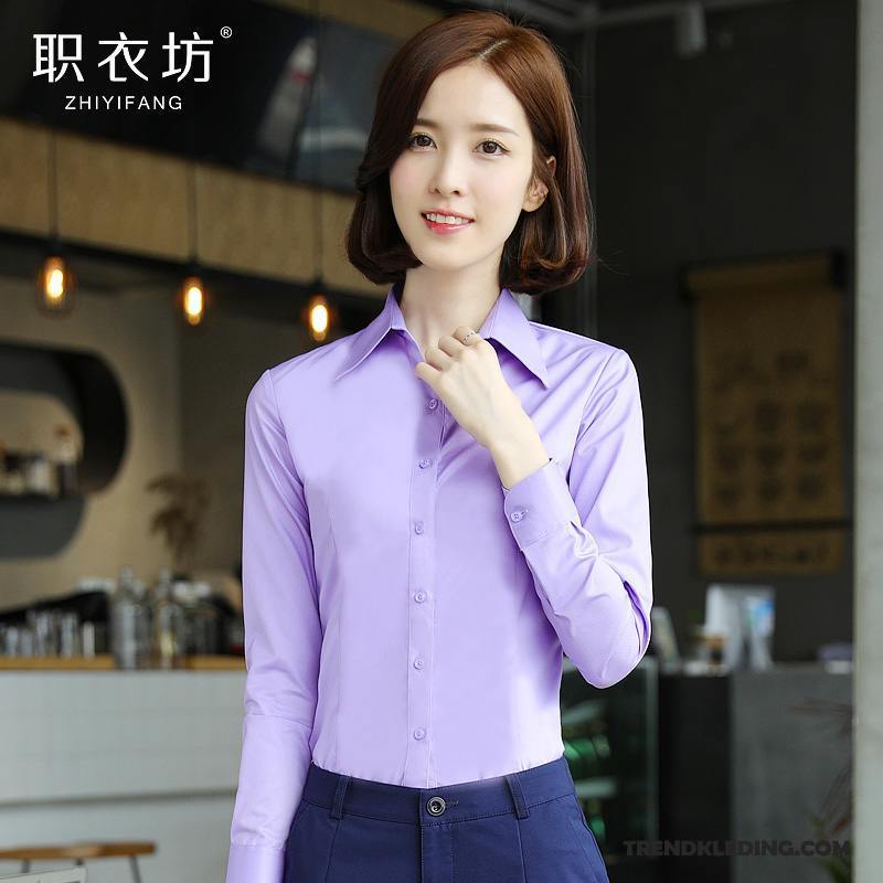 Blouse Dames Overhemd Slim Fit Geklede Werk Werkkleding Jasje Lichtblauw Wit