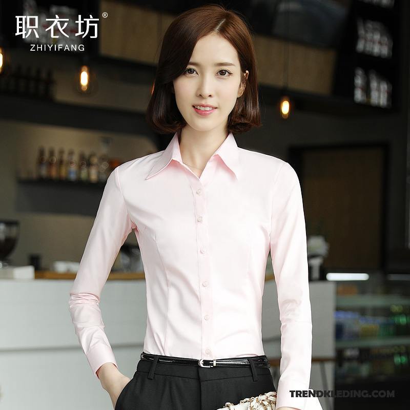 Blouse Dames Overhemd Slim Fit Geklede Werk Werkkleding Jasje Lichtblauw Wit