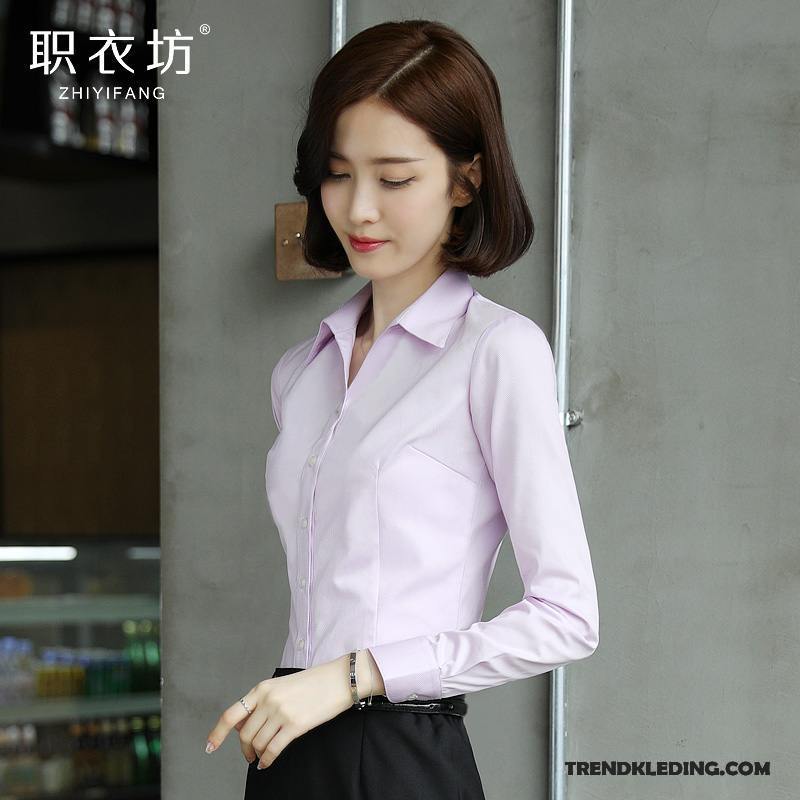 Blouse Dames Overhemd Slim Fit Geklede Werk Werkkleding Jasje Lichtblauw Wit