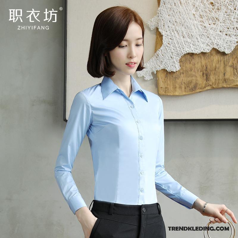 Blouse Dames Overhemd Slim Fit Geklede Werk Werkkleding Jasje Lichtblauw Wit