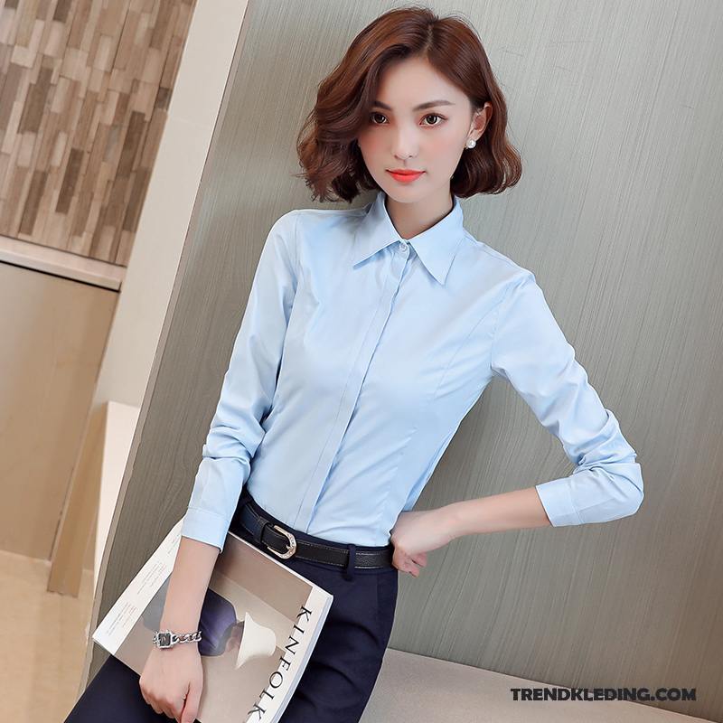 Blouse Dames Slim Fit Overhemd Werk Onderhemd Voorjaar Geklede Blauw Wit Licht