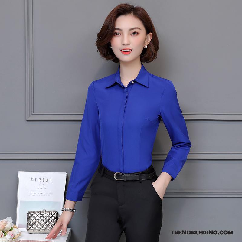 Blouse Dames Slim Fit Overhemd Werk Onderhemd Voorjaar Geklede Blauw Wit Licht