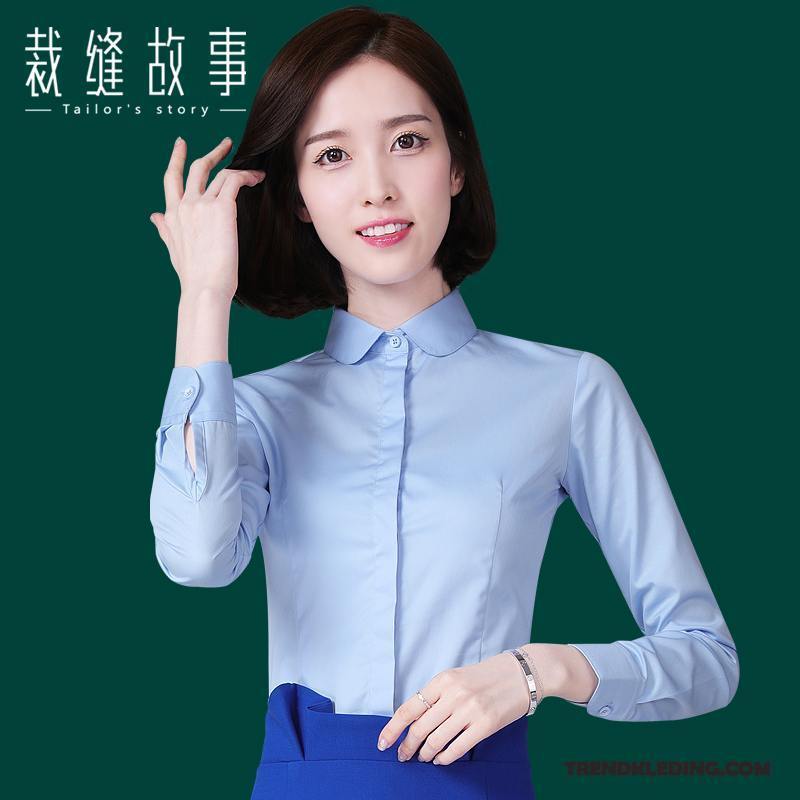 Blouse Dames Werk Lange Mouwen Slim Fit Cargo Overhemd Geklede Blauw Wit