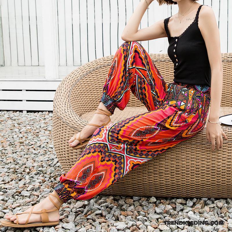 Broek Dames Natie Katoen Reis Strand Grote Maten Losse Zandkleur Oranje