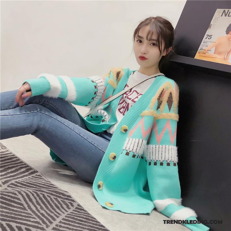 Gebreid Vest Dames Trui Lange Mouwen 2018 Trend Losse Cardigan Blauw