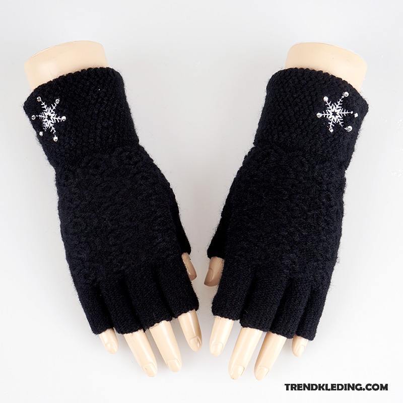 Handschoenen Dames Halve Vinger Breien Wollen Schattig Winter Student Donkerblauw